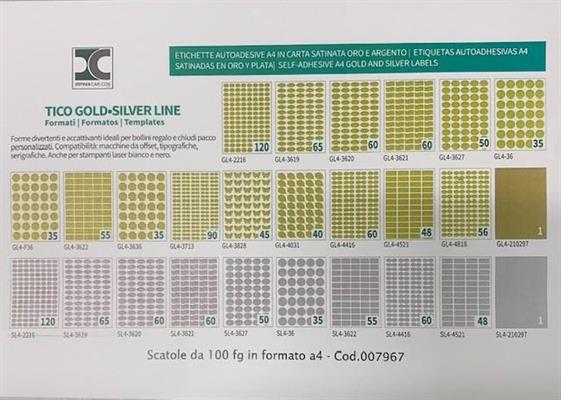 ETICHETTE ADESIVE SU A4  M.VARIE ORO/AR.SC 100 FG
